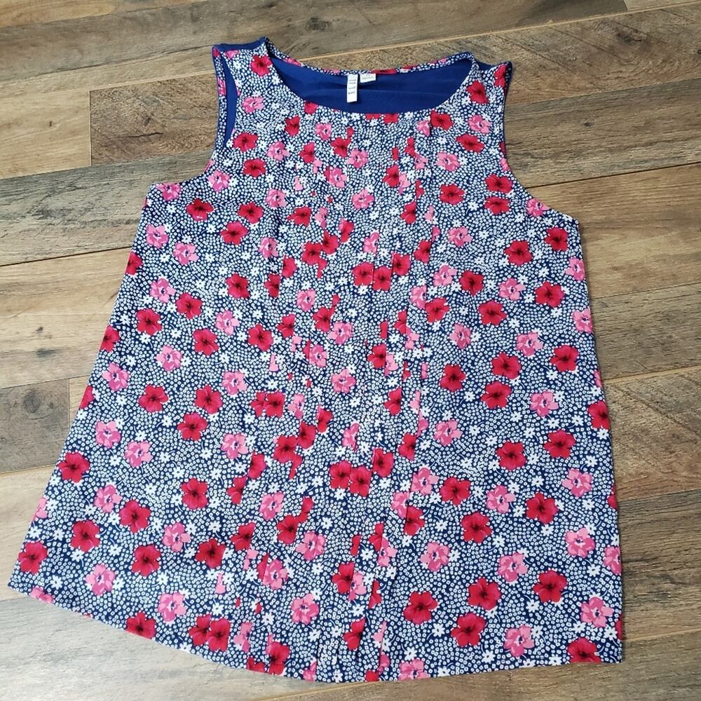 Blue Pink Red and White Floral Sleeveless Pintuck‎ Top by Elle XS